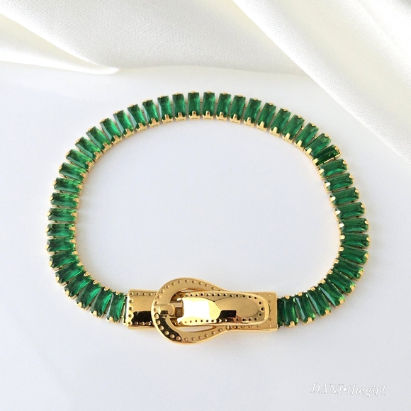 Jewelry - NEW 18K Gold Plated Green Baguette Diamond Tennis Bracelet